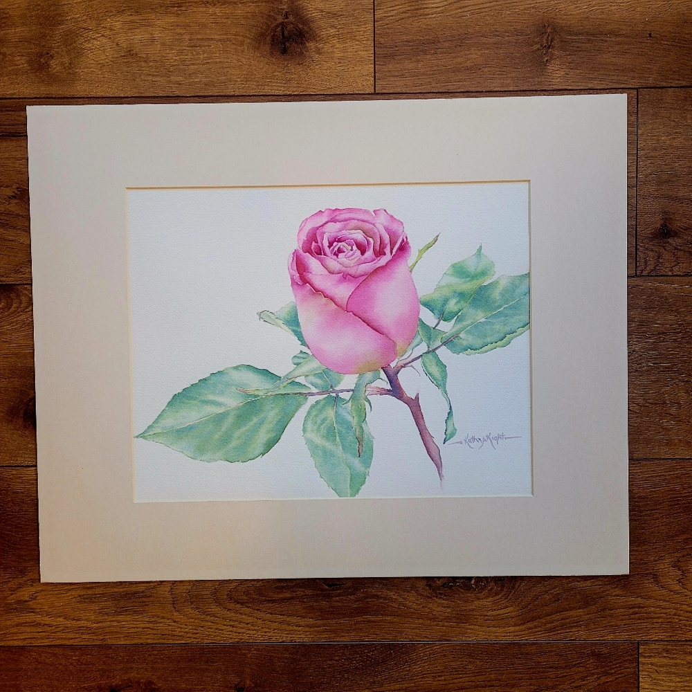 Original Watercolor Painting of the Magenta Rose Bud. Size 16" x 20"